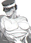  1boy abs assisted_exposure bandages bara bare_chest black_hair blush chest covered_eyes facial_scar golden_kamuy greyscale hat imperial_japanese_army male_focus monochrome muscle nipples onnomono pectoral_focus scar short_hair solo sugimoto_saichi undressing upper_body 