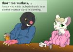 2020 alcohol amber_eyes anthro beer beverage blonde_hair clothed clothing cup cybercorn_entropic cynthia_boggs definition duo english_text european_mole female fur glass_cup green_background green_eyes grey_body grey_fur hair male mammal mouse murid murine one_eye_closed pink_body rodent simple_background teeth text the_yorkshire_meaning_of_liff whiskers white_body white_fur wink 