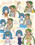  2girls arm_up armpits berry_(pokemon) blue_eyes blue_hair blue_pants blush blush_stickers closed_mouth commentary_request eevee eyebrows_visible_through_hair flower gen_1_pokemon gen_8_pokemon green_eyes green_hair hair_flower hair_ornament hairband hand_up hands_up highres holding holding_letter lana_(pokemon) letter long_hair looking_at_viewer mallow_(pokemon) miin_(toukotouya) multiple_girls on_lap one-piece_swimsuit open_mouth pants pokemon pokemon_(anime) pokemon_(creature) pokemon_on_lap pokemon_sm_(anime) shirt short_hair sitting sleeveless sleeveless_shirt smile sobble swimsuit tongue translation_request twintails 