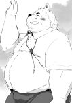  2020 anthro blush bottomwear canid canine canis clothing domestic_dog eyes_closed hi_res humanoid_hands kemono male mammal overweight overweight_anthro overweight_male pants shintatokoro shirt solo topwear 