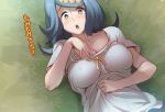  1girl aqua_eyes blue_hair blush breasts cleavage collarbone commentary_request e_keroron freckles from_above grass hair_ornament lana&#039;s_mother_(pokemon) long_hair looking_at_viewer lying mature no_sclera on_back open_mouth pokemon pokemon_(anime) pokemon_sm_(anime) shirt shirt_grab short_sleeves solo tongue translation_request 