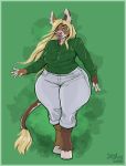  absurd_res anthro blonde_hair bovid bovine breasts brown_body cattle clothed clothing female greasymojo green_background green_eyes hair hi_res mammal simple_background solo thick_thighs wide_hips 