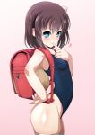  1girl backpack bag blue_eyes blush bow breasts brown_hair covered_nipples eyebrows_visible_through_hair finger_to_mouth hair_bow heart highleg highleg_swimsuit highres looking_at_viewer one-piece_swimsuit onjouji_toki randoseru saki school_swimsuit short_hair small_breasts smile solo swimsuit thighhighs toki_(manga) white_legwear xiao_rui_rui younger 