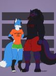  absurd_res anthro black_body black_clothing black_ears black_fur black_hair black_hoodie black_horn black_nose black_topwear blue_body blue_fur blue_tail bottomwear canid canine canis clothing colored demon duo english_text fluffy fox fur green_eyes hair hi_res hoodie horn looking_aside male mammal markings multi_tail multicolored_body multicolored_fur orange_clothing orange_shirt orange_topwear purple_body purple_eyes purple_fur red_markings shirt shorts signature simple_background smile standing t-shirt text topwear white_body white_fur wolf wolfarion wolfarion_(character) 