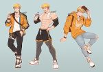  1boy abs absurdres alternate_costume bara bare_chest bare_shoulders blonde_hair book bottle casual chest collage denim dolphin_shorts glasses granblue_fantasy green_eyes highres hood hoodie jeans looking_at_viewer male_focus multiple_views muscle one_eye_closed oneirio orange_hoodie pants shoes short_hair sweat tight torn_clothes torn_pants towel v vane_(granblue_fantasy) water_bottle 