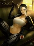  1girl adam_jensen alcohol amputee armpits bandages black_hair breast_bondage breasts cigarette couch cyberpunk cyborg deus_ex deus_ex:_human_revolution furniture genderswap genderswap_(mtf) glass holding holding_cigarette injury looking_at_viewer lying medium_breasts nextoad patreon_username prosthesis prosthetic_arm prosthetic_leg science_fiction short_hair smoke solo toned watermark wine yellow_eyes 