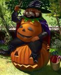  2020 ailurid anthro belly bottomwear cape clothing detailed_background eyes_closed food fruit halloween hat headgear headwear hi_res holidays kemono male mammal outside overweight overweight_anthro overweight_male pants plant pumpkin q83561965 red_panda sitting solo witch_hat 