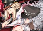  2girls absurdres azur_lane bangs bismarck_(azur_lane) black_dress black_gloves blonde_hair blue_eyes breasts cape cleavage closed_mouth dress eyebrows_visible_through_hair fur_trim gloves graf_zeppelin_(azur_lane) grey_hair hair_between_eyes hat highres iron_cross large_breasts long_hair looking_at_viewer looking_away military military_uniform multiple_girls obei_teitoku peaked_cap pink_eyes sidelocks uniform very_long_hair 