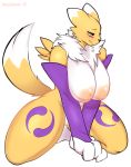  2020 absurd_res anthro areola armwear bedroom_eyes big_breasts black_nose black_sclera blue_eyes blush bodily_fluids breast_squish breasts bridal_gauntlets canid canine claws clothing digimon digimon_(species) eyelashes female fur genital_fluids genitals half-closed_eyes hi_res kneeling looking_at_viewer mammal markings mostly_nude multicolored_body multicolored_fur narrowed_eyes neck_tuft nipples ownychan purple_markings pussy pussy_juice pussy_juice_drip pussy_juice_string raised_tail renamon seductive simple_background solo squish thick_thighs tuft white_background white_body white_fur yellow_body yellow_fur yin_yang 