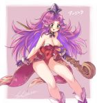  1girl angela_(seiken_densetsu_3) bare_shoulders blue_eyes blush breasts cleavage covered_navel earrings gloves green_eyes hat highres jewelry kamiyama_teten large_breasts leotard long_hair pointy_ears purple_hair red_leotard seiken_densetsu seiken_densetsu_3 smile solo staff tongue tongue_out very_long_hair 