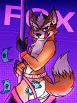  2020 absurd_res anthro anus butt canid canine clothing dancing dasoka digital_media_(artwork) fox fox_mccloud fur gloves green_eyes hair handwear hi_res invalid_tag jockstrap legwear looking_at_viewer male mammal melee_weapon money nintendo nude orange_body orange_fur orange_tail pole pole_dancing polearm purple_background simple_background smile solo star_fox stripper stripper_clothes stripper_pole tongue underwear video_games weapon 