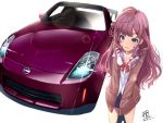  1girl blue_eyes breasts car cleavage ground_vehicle highres ichinose_shiki idolmaster idolmaster_cinderella_girls light_blush looking_up mistrail motor_vehicle nissan nissan_350z parted_lips purple_hair school_uniform small_breasts smile solo vehicle_focus 