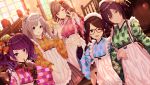  apron blue_eyes bow braids brown_eyes brown_hair glasses gloves gray_hair group headdress idolmaster idolmaster_shiny_colors japanese_clothes kimono lolita_fashion maid mitsumine_yuika o_(rakkasei) purple_eyes purple_hair red_eyes shirase_sakuya stairs tanaka_mamimi tsukioka_kogane twintails wink yuukoku_kiriko 