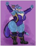  absurd_res anthro big_breasts blue_body breasts cleavage clothed clothing female greasymojo hi_res mask muscular muscular_anthro muscular_female nidoqueen nintendo pok&eacute;mon pok&eacute;mon_(species) purple_background simple_background solo video_games 
