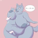 2019 absurd_res anthro areola belly big_belly big_breasts blue_body blue_dog_(character) breast_squish breasts canid canine canis domestic_dog female front_view grope hi_res highlights_(coloring) huge_breasts mammal navel nipples nude obese obese_anthro obese_female overweight overweight_anthro overweight_female solo speech_bubble squish text thick_thighs whooperscooper wide_hips 