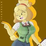  absurd_res animal_crossing anthro big_breasts breasts canid canine canis clipboard clothing collared_shirt domestic_dog female hi_res isabelle_(animal_crossing) mammal nintendo shih_tzu smile solo topwear toy_dog vest video_games yab 