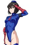  1girl black_hair blue_headwear blue_leotard bob_cut bodypaint breasts brown_eyes cammy_white cammy_white_(cosplay) chloe_valens corruption cosplay cowboy_shot dark_persona empty_eyes fingerless_gloves garrison_cap gloves hai_(h81908190) hat highleg highleg_leotard leotard red_gloves ribbed_leotard salute shadaloo_dolls simple_background small_breasts solo street_fighter street_fighter_zero_(series) tales_of_(series) tales_of_legendia turtleneck_leotard white_background 