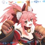  1girl animal_ear_fluff animal_ears artist_request bell bell_collar breasts cat_paws cleavage collar collarbone commentary_request eyebrows_visible_through_hair fangs fate/grand_order fate_(series) fox_ears fox_girl gloves hair_ribbon highres jingle_bell large_breasts long_hair looking_at_viewer paw_gloves paws pink_hair ponytail red_ribbon ribbon simple_background solo tamamo_(fate)_(all) tamamo_cat_(fate) white_background yellow_eyes 