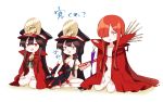  3girls bangs black_hair black_headwear breasts cape chain chibi family_crest fate/grand_order fate_(series) guitar hat headphones headphones_around_neck indian_style instrument kodamari koha-ace long_hair medallion multiple_girls naked_cape nude oda_nobunaga_(fate) oda_nobunaga_(fate)_(all) oda_nobunaga_(swimsuit_berserker)_(fate) oda_uri open_mouth oversized_object peaked_cap popped_collar red_cape red_eyes seiza simple_background sitting small_breasts smile translation_request white_background 