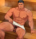  1boy abs arm_hair bar_censor bara bare_chest bulge censored chest chest_hair come_hither earrings facial_hair feet_out_of_frame goatee hairy highres jewelry leg_hair lifting male_focus manly muscle naked_towel navel nipples original penis_peek sakuramarusan sauna short_hair sideburns smirk solo sweat thick_thighs thighs towel 