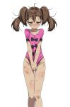  1girl bangs bare_legs black_bow blush bow brown_hair bruise crying crying_with_eyes_open cuts green_eyes injury looking_at_viewer messy_hair no_panties no_pants pink_shirt pokemon pokemon_(game) pokemon_xy shauna_(pokemon) shirt shirt_pull short_sleeves simple_background solo tears tsukishiro_saika twintails white_background 