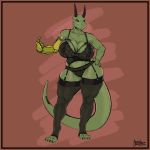  absurd_res anthro big_breasts bra breasts cleavage clothed clothing female garter_belt garter_straps greasymojo green_body hand_on_hip hi_res panties prosthetic prosthetic_arm prosthetic_limb scalie solo underwear 