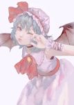  1girl bat_wings black_choker blue_background bow bowtie choker closed_mouth dress fingernails grey_background hand_up hat hat_bow highres leaning_forward looking_at_viewer one_eye_closed pillow_hat pink_dress pink_headwear pink_nails puffy_cheeks purple_eyes red_bow red_neckwear remilia_scarlet simple_background solo spread_wings toma_(me666nm) touhou w w_over_eye wings wristband 