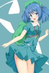  1girl :d blue_background blue_eyes blue_hair blue_shirt blue_skirt blush collarbone cowboy_shot eyebrows_visible_through_hair frilled_shirt_collar frills green_backpack green_headwear hair_between_eyes hair_bobbles hair_ornament highres kawashiro_nitori key looking_at_viewer open_mouth pleated_skirt pocket shirt skirt smile standing thighs touhou two_side_up vel0x_s 