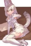  1girl :3 animal_ears bare_shoulders blush boots bow bowtie commentary_request elbow_gloves extra_ears eyebrows_visible_through_hair flying_sweatdrops gloves highres kemono_friends looking_at_viewer on_bed pillow print_gloves print_legwear print_neckwear print_skirt serval_ears serval_girl serval_print serval_tail shirt short_hair skirt sleeveless solo tadano_magu tail thighhighs white_background white_footwear white_gloves white_hair white_neckwear white_serval_(kemono_friends) white_shirt white_skirt yellow_eyes zettai_ryouiki 