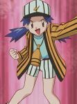  1girl anime_coloring arm_up baseball_cap belt blue_hair brown_eyes casey_(pokemon) clenched_hand commentary_request eyebrows_visible_through_hair eyelashes green_shirt hat highres jacket long_sleeves looking_at_viewer no_socks official_style open_mouth pokemon pokemon_(anime) pokemon_(classic_anime) sawa_(soranosawa) shirt shorts smile solo tongue 