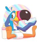  anthro avian bird blue_body blue_feathers blush bottle bowl cereal diaper feathers food froot_loops happy hi_res kellogg&#039;s looking_at_viewer male mascot milk ozzybear sitting smile solo toony toucan toucan_sam 