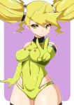  1girl bangs bare_shoulders black_legwear blonde_hair blush_stickers breasts closed_mouth commentary_request covered_navel gen_8_pokemon green_eyes green_leotard hair_tie hand_up legendary_pokemon leotard mituyota_76 personification pokemon regieleki shiny shiny_skin solo thighhighs tied_hair twintails two-tone_background v 