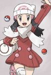  1girl arm_up bag beanie black_hair boots buttons coat commentary_request dawn_(pokemon) duffel_bag eyelashes grey_eyes hair_ornament hairclip hat highres long_hair long_sleeves looking_at_viewer official_style open_mouth over-kneehighs pink_footwear poke_ball poke_ball_(basic) pokemon pokemon_(game) pokemon_dppt pokemon_platinum red_coat sawa_(soranosawa) scarf sidelocks smile solo teeth thighhighs tongue white_headwear white_legwear white_scarf winter_clothes 