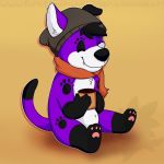  anthro canid canine canis canvaskat clothing cup domestic_dog elkhound eyes_closed footprint fur hat headgear headwear hi_res male mammal pawalo pawpads pawprint pawprint_marking paws purple_body purple_fur scarf smile solo spitz 