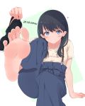 1girl absurdres arm_support bangs barefoot black_hair blue_eyes blush clothes_writing eyebrows_visible_through_hair feet greek_toe grin highres holding holding_clothes holding_footwear kahlua_(artist) leg_up long_hair looking_at_viewer pants shoes_removed short_sleeves sitting smile soles solo ssss.gridman straight_hair takarada_rikka teeth toes 