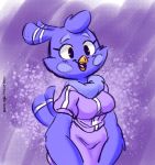  2018 anthro avian bird breasts clothed clothing digital_media_(artwork) feathers female hi_res joaoppereiraus melissa_morgan non-mammal_breasts portrait purple_body purple_feathers smile solo super_planet_dolan 