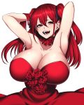  1girl absurdres armpits arms_behind_head arms_up bare_shoulders blush breasts camui_kamui choker cleavage dress flower highres large_breasts long_hair open_mouth original red_eyes red_hair rose solo strapless strapless_dress twintails 
