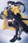  1girl black_gloves black_hair black_legwear breasts carrying_bag from_below girls_frontline gloves gun heterochromia highres holding holding_gun holding_weapon id_card jacket knee_pads large_breasts long_sleeves low_twintails megaphone multicolored_hair noveske_space_invader off_shoulder open_clothes open_jacket psidubs red_eyes ro635 ro635_(girls_frontline) sleeveless_sweater solo standing streaked_hair submachine_gun thigh_strap thighhighs twintails weapon white_hair yellow_eyes yellow_jacket 