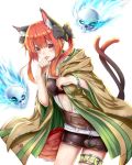  1girl absurdres animal_ear_fluff animal_ears belt bow bracelet breasts cat_ears cat_tail cosplay feng_ling_(fenglingwulukong) floating_skull glowing hair_bow highres hiita hiita_(cosplay) hood hood_down hooded_robe jewelry kaenbyou_rin multiple_tails open_clothes open_robe orange_eyes orange_hair pom_pom_(clothes) robe skirt solo tail thighlet tongue tongue_out touhou two_tails unbuttoned unbuttoned_shirt white_background yuu-gi-ou 
