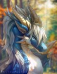  2019 blue_body blue_eyes blurred_background dragon hi_res horn light lighting rhythmpopfox signature solo white_body 