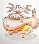  2017 absurd_res amphibian anthro axolotl belly big_belly breasts charly_(mpff) female hand_on_stomach heterochromia hi_res mole_salamander mostly_nude overweight overweight_anthro overweight_female salamander_(amphibian) simple_background solo thick_thighs traditional_media_(artwork) white_background yer-keij-fer-cash 