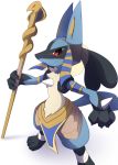  2020 ambiguous_gender anthro blue_body blue_fur egyptian fur headdress hi_res lucario netiel nintendo pok&eacute;mon pok&eacute;mon_(species) red_eyes simple_background solo staff standing video_games white_background wrappings 