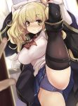  1girl black_legwear blue_skirt blurry blush breasts bridal_gauntlets brown_eyes closed_mouth commentary_request depth_of_field door eyebrows_visible_through_hair granblue_fantasy highres kztk large_breasts leg_lift light_smile long_hair looking_at_viewer messy_hair monika_weisswind panties purple_panties shingeki_no_bahamut skirt standing standing_on_one_leg thighhighs thighs twintails underwear very_long_hair window 