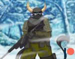  anthro armed armor assault_rifle bovid bovine bulletproof_vest cattle cold eyewear forest goggles gun horn male mammal mastergodai ranged_weapon rifle snow solider solo steam tactical tactical_gear tactical_gloves tree weapon winter 