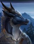  2019 anthro blue_body blue_eyes bust_portrait clothed clothing dragon fangs hi_res light lighting mountain outside portrait rhythmpopfox signature sky solo teeth tree white_body 
