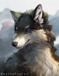  2020 anthro black_nose blue_eyes blurred_background bust_portrait canid canine canis fur grey_body grey_fur light lighting mammal portrait rhythmpopfox signature smile solo whiskers white_body white_fur wolf 
