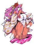  accessory anthro asian_clothing big_breasts bodily_fluids breasts canid canine clothed clothing east_asian_clothing female flower flower_in_hair fox fur genital_fluids hair hair_accessory huge_breasts japanese_clothing kemono kimono mammal multi_breast multi_tail omikuro orange_body orange_fur partially_clothed pink_hair plant pubes pussy_juice self_taste simple_background solo tasting white_background 