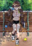  1girl ahoge azur_lane ball baltimore_(azur_lane) baltimore_(black_ace)_(azur_lane) bandaid bandaid_on_leg bangs bench black_choker black_shorts blush bottle braid breasts brown_hair brown_jacket brown_legwear chest_tattoo choker cleavage collarbone commentary_request covered_nipples dappled_sunlight eyebrows_visible_through_hair flower_tattoo french_braid full_body hair_between_eyes helvetica_std highres holding holding_bottle holding_towel impossible_clothes jacket large_breasts long_sleeves looking_at_viewer midriff navel off-shoulder_jacket open_clothes open_jacket parted_lips patreon_username racket shadow shoes short_hair short_shorts shorts sidelocks signature sitting sneakers socks solo sports_bra stomach_tattoo striped striped_legwear sunlight tattoo tennis_ball tennis_racket towel vertical-striped_legwear vertical_stripes water_bottle wet_bra white_footwear white_sports_bra yellow_eyes 