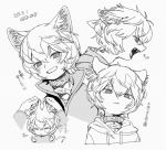  &gt;_&lt; 1boy :3 animal_ear_fluff animal_ears blush cat_boy cat_ears collar dated disembodied_limb drawstring ear_pull fangs fish_pendant greyscale hood hood_down hoodie jacket kemonomimi_mode kuga_yuuma long_sleeves looking_at_viewer monochrome multiple_views open_mouth profile puckered_lips pullover ringed_eyes sacog simple_background smile world_trigger 