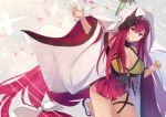  1girl azur_lane bare_shoulders bow breasts chitose_(azur_lane) claw_ring eyebrows_visible_through_hair fox_mask hair_bow hane_(feathe02) highres large_breasts long_hair mask purple_eyes red_hair red_skirt skirt solo very_long_hair white_bow wide_sleeves 